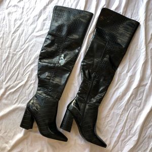 Black crocodile knee high boots